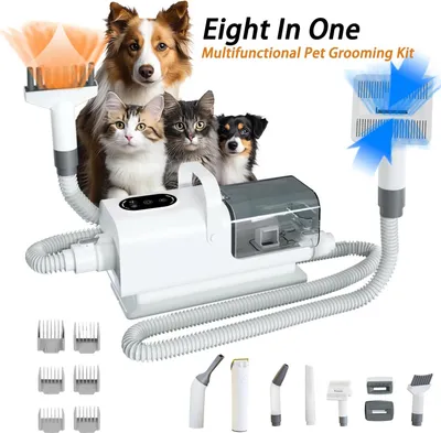 Produktbild von 8‑in‑1 Fellpflege‑Set - Hunde/Katzen Felltrimmer mit Haarstaubsauger - 2,2 l Behälter - 3 Stufen - Warm-/Kaltluft - 210–240 V - EU‑Stecker - Weiß