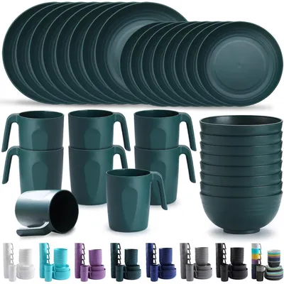 Immagine prodotto di Set di stoviglie in plastica, 32 pezzi, riutilizzabili, color verde scuro, per 8 persone, adatte al microonde, senza BPA, lavabili in lavastoviglie