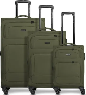 Three green suitcases of different sizes are arranged diagonally on a white background.