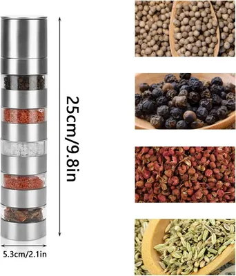 Produktbild von 5 in 1 Gewš¹rzstreuer, Mini Gewš¹rzgl?ser Set mit Deckel Gewš¹rzstreuer Camping mit Gewš¹rzmš¹hle, Reise- und Picknick Gewš¹rz-Set Edelstahl Tragbare Gewš¹rzdosen fš¹r Reisen Zuhause Kš¹che Kochen Steak BBQ