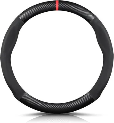 Image de CuirPolyuréthaneen fibre de carbone et microfibre, housse de volant antidérapante, housse de volant pour voiture, compatible avec un volant de 38 cm (15") - Noir-Rouge