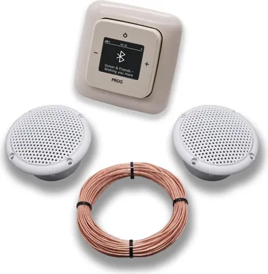 Produktbild von Busch Jäger DAB+ Bluetooth Unterputz Unterputzradio DAB BT 8217 U – 101 cremeweiß Komplettset DURO2000 + 2 x Deckenlautsprecher Feuchtraum Badezimmer + 20 Meter Lautsprecherkabel 2x0,75 mm² 8217U-101