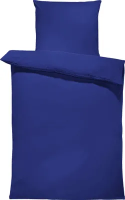 A folded blue duvet cover and a pillowcase are laid out on a white background.