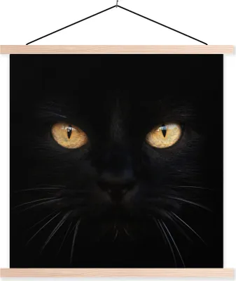 Produktbild von MuchoWow® Textilposter Nahaufnahme einer schwarzen Katze 40x40 cm mit holzfarbenen Rahmen - Posterleiste