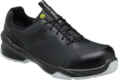 A black safety shoe on a white background.
