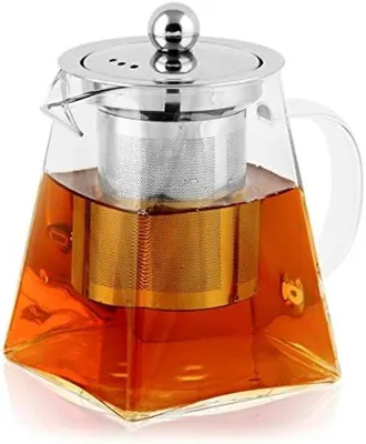 Produktbild von PolkaHome® Gläserne Teekanne mit Teesieb – 900 ml, hitzebeständig, 20 cm hoch