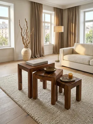 Produktbild von 3er Set Satztisch Massiv-Holz Sheesham Wohnzimmer-Tisch Landhaus-Stil Beistelltisch dunkel-braun Naturholz