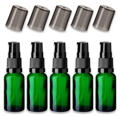 Produktbild von 5x Grüne Glasflasche 20 ml mit schwarzer Pumpe Leere Kosmetikflasche