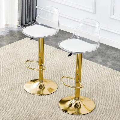 Immagine prodotto di Set di 2 sgabelli da bar oro e trasparenti, regolabili in altezza da 82 a 104 cm, girevoli a 360°. Sgabelli da bancone con schienale ergonomico e poggiapiedi.