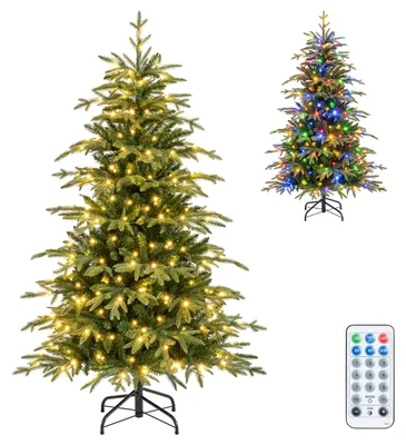 Zdjęcie produktu dla Sztuczne drzewko bożonarodzeniowe COSTWAY o wysokości 150 cm, wyposażone w 200 wielokolorowych diod LED, z 582 gałęziami, składaną metalową podstawą i pilotem. Idealne jako choinka