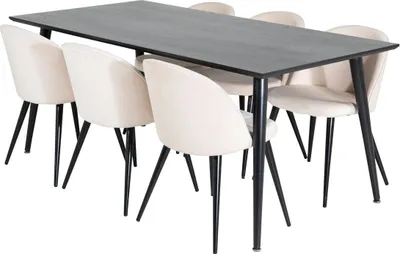 Produktbild von Dipp180x90BLBL Essgruppe Esstisch schwarz und 6 Velvet Esszimmerstühle Velour beige, schwarz.