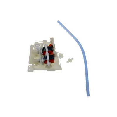 A product shot of a pump assembly with tubing and a connector.