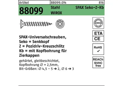 Produktbild von Spax ® Senkkopf, Kreuzschlitz Z Vollgewinde WIROX A9J, 4,5x45, 0271010450455