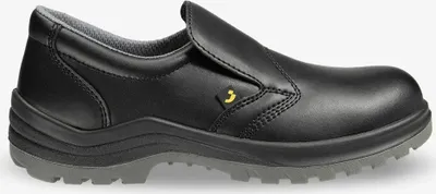 A black leather slip-on safety shoe with a gray sole is shown from the side against a white background.
