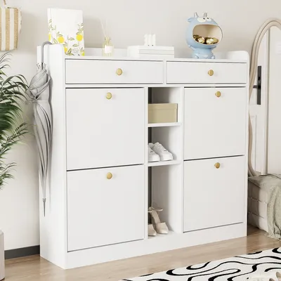 Produktbild von Schuhschrank，Schuhkipper，Schuhablage，Sideboard，Schuhregal，platzsparend，Schuhkommode，Schuhständer，Beistellschrank，mit 4 Klapptüren&2 Schubladen,weiß