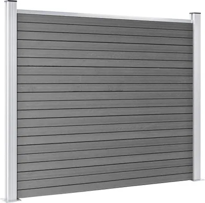 A grey WPC fence element with silver metal posts.
