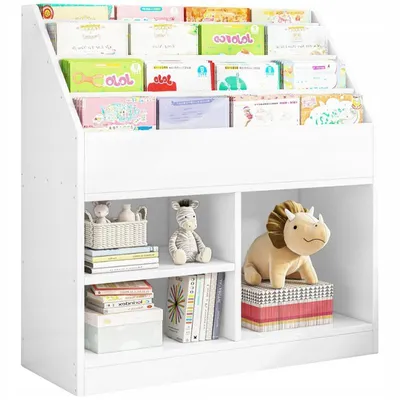 A white bookshelf filled with children's books and toys.