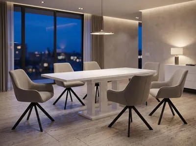Produktbild von ENDO-Möbel Essgruppe "Appia White" - Esstisch ausziehbar 130-210cm in Weiß Hochglanz für 6 Personen mit Stühlen in Leinen-Beige