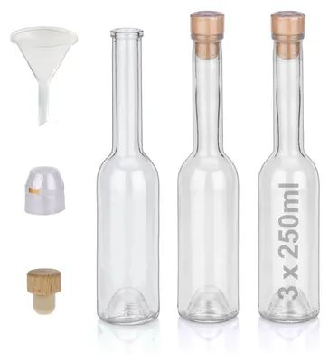 Produktbild von Flaschen Set 3 x 250ml hochwertige Glasflaschen leer mit Korken Schrumpfkapseln & 1 Trichter zum selbst Befüllen mit Gin Whisky Schnaps Likör Essig Öl günstige Flaschen Ginflaschen Whiskyflaschen
