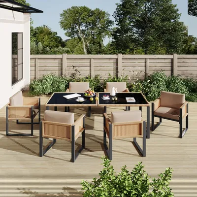 Image de Ensemble de mobilier de jardin en polyrotin 7 pièces, pour 6 personnes, comprenant une table à manger 170 x 80 cm en verre de sécurité et un ensemble de salon avec coussins de 9 cm d'épaisseur, couleur marron/noir