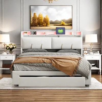 Obrázok produktu pre Čalúnená posteľ ProximaX 160x200 cm s lamelovým roštom, hydraulická skriňová pružinová posteľ s úložným priestorom, úložná posteľ manželská posteľ s úložným čelom, USB a LED, zamatová, béžová