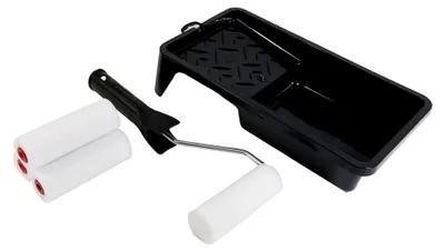 Produktbild von Farbroller Set für Lack – Profi Lackierset mit 4 Schaumwalzen 10 cm, Lackierbügel, Farbwanne und Farbschale für glatte Flächen und Versiegelungen