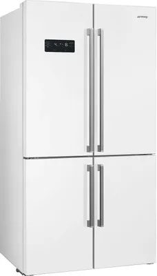 A white Smeg side-by-side refrigerator with a digital display on the top left door.
