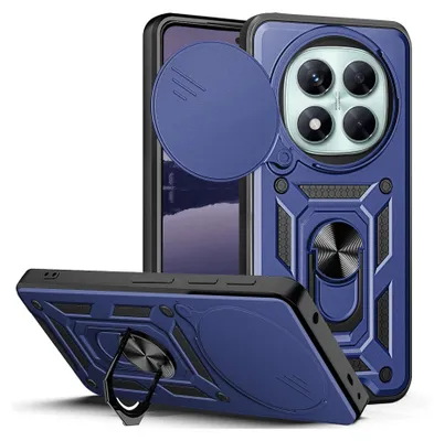 A blue armor phone case for a Xiaomi Redmi Note 14 Pro 5G, shown from multiple angles, with a camera lens cover and a ring stand.
