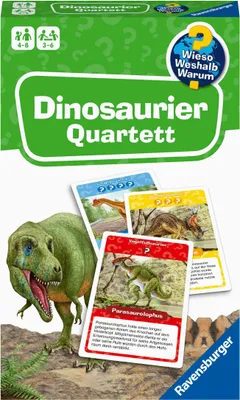 Produktbild von Ravensburger 22359 Wieso? Weshalb? Warum? Dinosaurier Quartett - Mitbringspiel mit detailreich gestalteten Karten zu spannenden Saurier-Arten, informativen Texten und einer weiteren Spielvariante