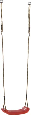 A red swing seat with ropes hanging against a white background.