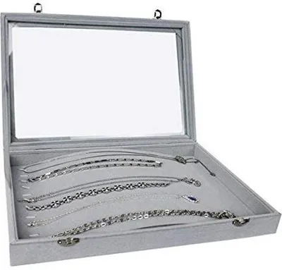Produktbild von Schmuckkasten Schmucklade für lange Ketten Armbänder Halsketten Glasdeckel grau