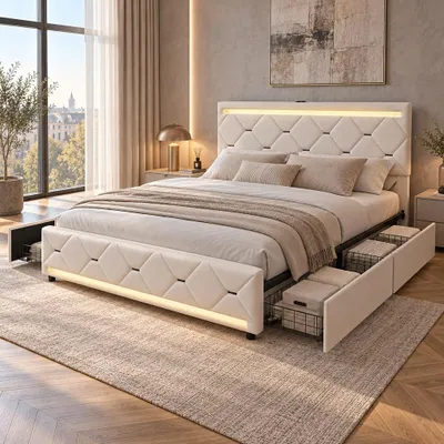 Zdjęcie produktu dla Łóżko tapicerowane INONEFT, podwójne, 160x200 cm, z podświetleniem LED, zagłówek z portem USB, rama łóżka z 4 szufladami, łóżko młodzieżowe, tapicerowane, z listwami elastycznymi, kolor beżowy