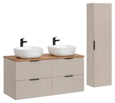 Produktbild von Doppelwaschtisch und Hängesäule 120.8cm Adriel mit 4 Schubladen, Kaschmir und Holzoptik