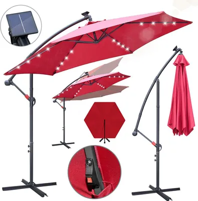 Produktbild von Faziango Sonnenschirm 3m Rot mit LED Beleuchtung, Gartenschirm mit Kurbel, UV 50+ Sonnenschutz, kippbar & wetterfest, inkl. Kreuzfuß