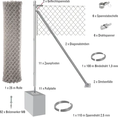 Produktbild von 25 Meter Maschendrahtzaun Komplett-Set Dingo - Farbe: verzinkt, Höhe: 200 cm, Ausführung: mit Fußplatten