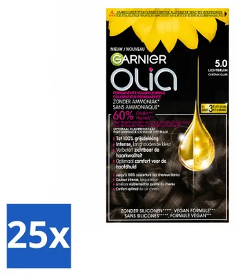Imagen del producto de 25 unidades de tinte permanente para el cabello Garnier Olia 5, color castaño claro, sin amoníaco, pack económico