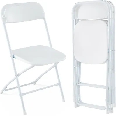 A white folding chair is shown unfolded on the left and folded on the right.