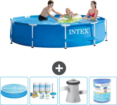 Produktbild von Intex-Schwimmbecken mit rundem Rahmen – 305 x 76 cm – Blau – im Lieferumfang enthalten Sonnensegel - Wartungspaket - Filterpumpe für Schwimmbad - Filter