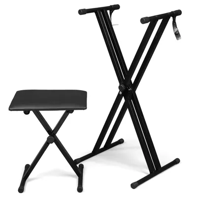 Immagine prodotto di Supporto per tastiera LEADZM con set di sgabello per tastiera, pieghevole e regolabile in altezza. Include anche una panca per tastiera/pianoforte e un supporto per tastiera