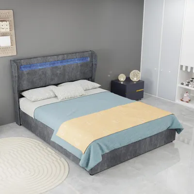 Produktbild von Zerbaco Polsterbett Doppelbett 140x200 cm mit Bettkasten hydraulisch mit LED-Beleuchtung grau mit Lattenrost ohne Matratze