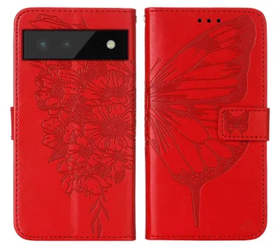 Produktbild von Google Pixel 6 Hülle, Schmetterling Prägung Flip Leder Kartenfächer Schutzhülle Ledertasche mit Ständer für Google Pixel 6 Rot