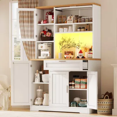 Produktbild von Moderner Küchenschrank mit LED – Vitrine für Küche & Wohnzimmer, in elegantem, ideal für stilvolle Aufbewahrung, Maße: 104x40x180 cm,Weiß