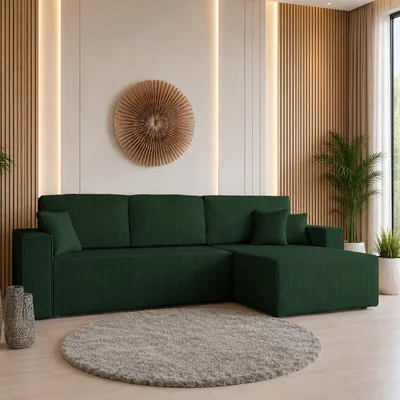Produktbild von GOLDSTOFF Ecksofa mit Schlaffunktion und Bettkasten | Ecksofa L-Form für Wohnzimmer | Cord Sofa mit Liegefläche 230x147cm | Schlafsofa (Grün)