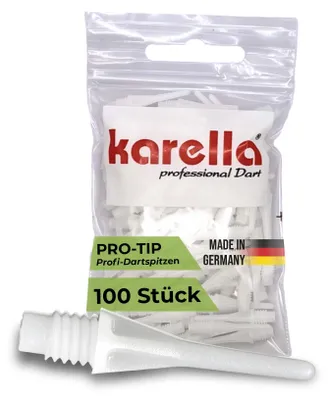 Produktbild von Karella Dartspitzen Pro-Tip,  Germany, stabile Dartspitzen Kunststoff, Softdart Spitzen, Dart Spitzen elektronische Dartscheibe, perfekter Halt im Dartautomat, 100 Stk, 2BA Gewinde, weiß