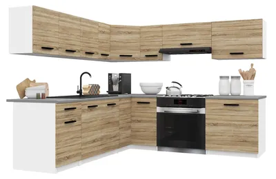 Immagine prodotto di Belini - Angolo cottura moderno ITALIA 7 - Mobili da cucina 420 cm in rovere Sonoma - Cucina componibile con pensili, mobili base e piani di lavoro
