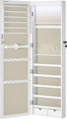 Produktbild von Famanu Schmuckschrank mit LED-Beleuchtung - mit Spiegel - Türmontage - höhenverstellbar - abschließbar - Weiß - 120 cm hoch