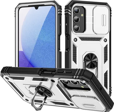 Image de Étui pour Samsung Galaxy A25 avec protection coulissante de l'appareil photo, résistant aux chocs, avec porte-anneau, support et porte-cartes Blanc