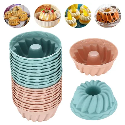 Zdjęcie produktu dla Mini foremki do ciasta typu Gugelhupf, silikonowe, 20 sztuk, średnica 6,5 cm, wysokość 2,8 cm, dostępne w 4 kolorach