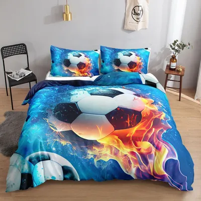 Produktbild von Fußball-Bettwäsche-Set für Kinder, Flammen-Fußball-Druck, 2-teilig, 135x200cm, 80x80cm