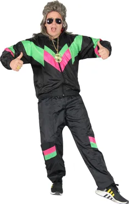 Produktbild von 80er Jahre Premium Trainingsanzug für Herren - schwarz grün pink, Größe:XXXXL